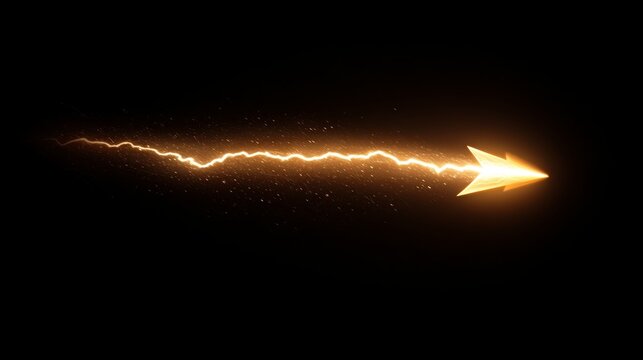 Glowing lightning arrow in motion with sparkling trail against dark background