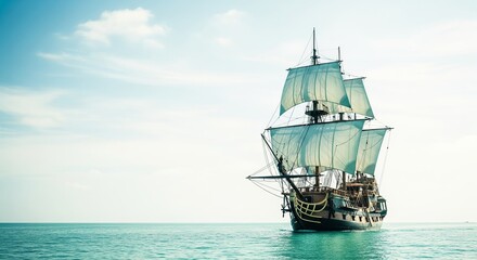 Obraz premium Majestic sailing ship on tranquil sea under clear sky