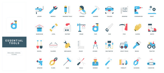 Equipment and device, essential tools of worker and heavy machinery for construction and industrial works color icon set. Automated arm of robot, warehouse forklift, conveyor flat vector illustration