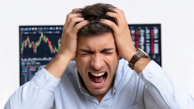 Frustrated man expresses his distress while analyzing financial data on a computer screen, showcasing the stress of modern work life and the challenges of decision-making in busine