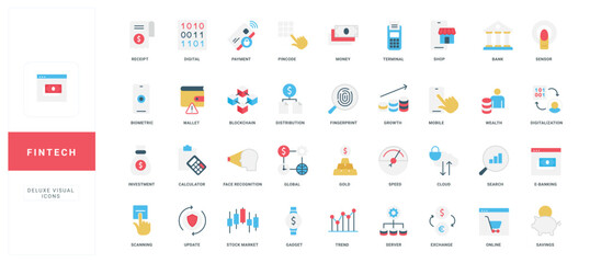 Fintech, blockchain and financial technology, digital innovation of mobile banking and wallet color icon set. Stock market and money exchange, biometric scanning for access flat vector illustration