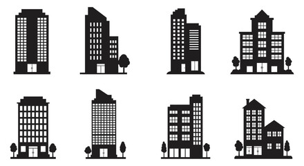 Fototapeta premium A collection of minimalist black and white building silhouettes arranged neatly