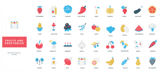 Fototapeta premium Vegetable and fruit crop of agricultural farm color icon set. Whole fresh tomato and corn, head of cabbage and olive branch, orange and lemon slice, eggplant and garlic flat vector illustration