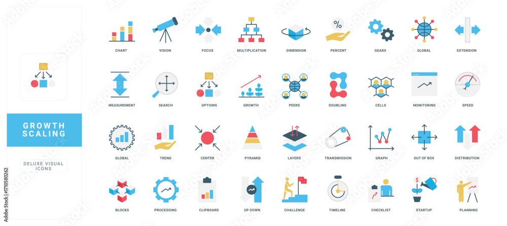 Poster growth and scaling, efficient strategy and process of business development color icon set. leadershi