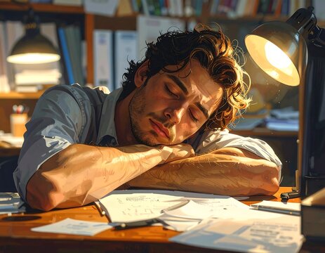 Portrait of a Exhausted Student Sleeping on Desk with Study Materials