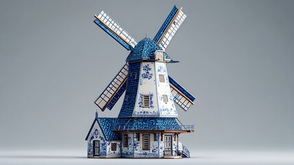 Close up of a decorative blue and white windmill model against a plain gray background