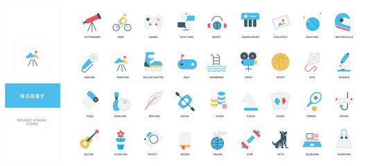 Hobby for leisure, weekend and vacation activity, online and sports games, music color icon set. Video and photography, blog writing and reading, travel adventure, gardening flat vector illustration