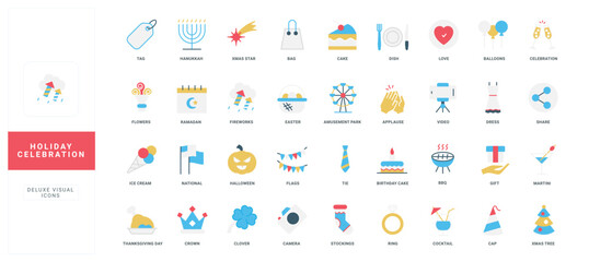 Public, national and religion holidays celebration, fun party and food color icon set. fireworks and champagne glasses, crown and flowers, balloons to celebrate holidays flat vector illustration