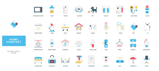 Home comfort items, electrical appliances and equipment for kitchen and bedroom, living room, bathroom color icon set. House furniture, microwave oven and cleaner, towels flat vector illustration