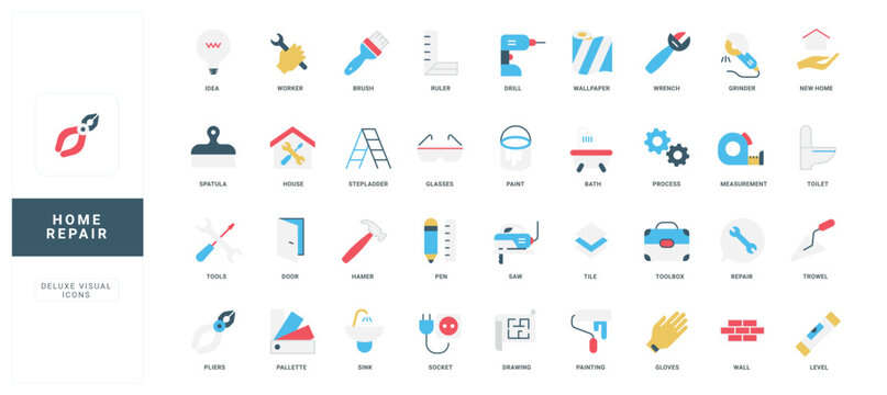 Home repair and maintenance service, builders equipment, building materials color icon set. Construction workers diy tools to reform and renovate building, house plan flat vector illustration