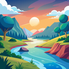Stunning river winds through a vibrant landscape, mountains rise in the distance as the sun sets, perfect for travel brochures, scenic backgrounds, and nature publications