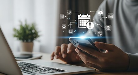 Person using smartphone with calendar and business icons overlay, planning and organization concept
