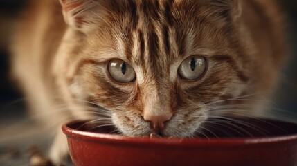Close-up of ginger tabby cat eating from red bowl