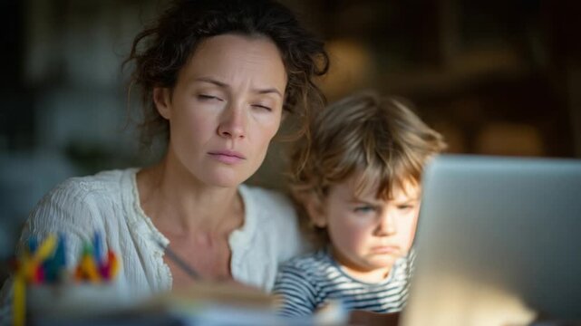 A stressed mother works on her laptop while her child happily draws with crayons, highlighting their contrasting moods.