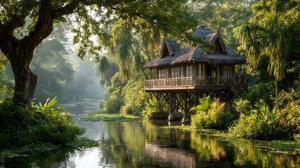 A wooden house on stilts over a calm river, surrounded by lush green trees and vegetation.