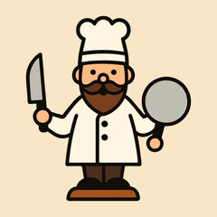 Cartoon Chef with Knife and Pan Vector Illustration