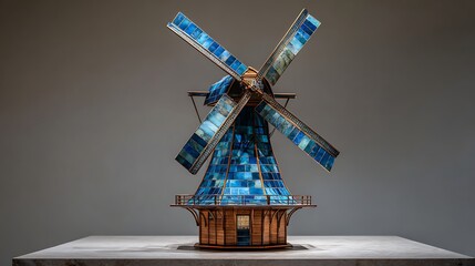 Detailed windmill model with blue tiles and wooden base on a gray surface against a gray background