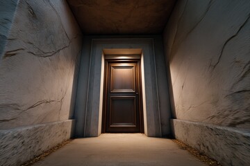 Obraz premium Wooden door in narrow stone corridor with dramatic lighting
