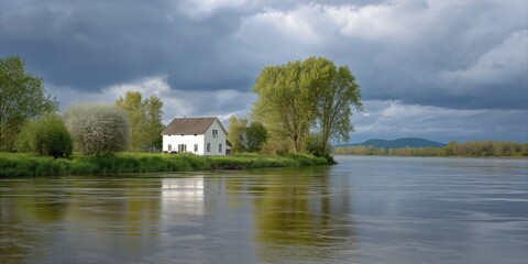 Obraz premium Serene river landscape with white house and lush trees under cloudy sky