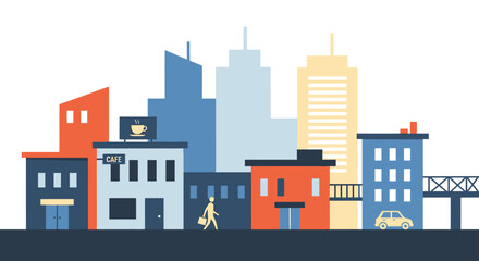 Obraz premium Colorful Flat Design Cityscape with Buildings and Pedestrian.
