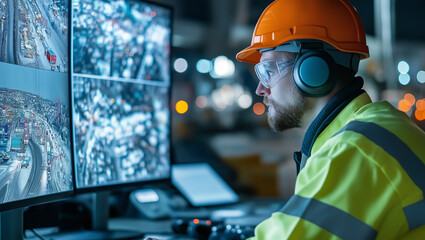 Engineer in safety gear monitors multiple screens displaying port operations and logistics control. Concept of industrial safety, shipping management, and smart infrastructure technology
