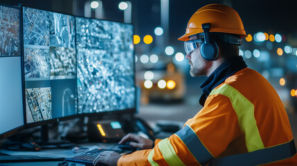 Engineer in safety gear monitors multiple screens displaying port operations and logistics control. Concept of industrial safety, shipping management, and smart infrastructure technology