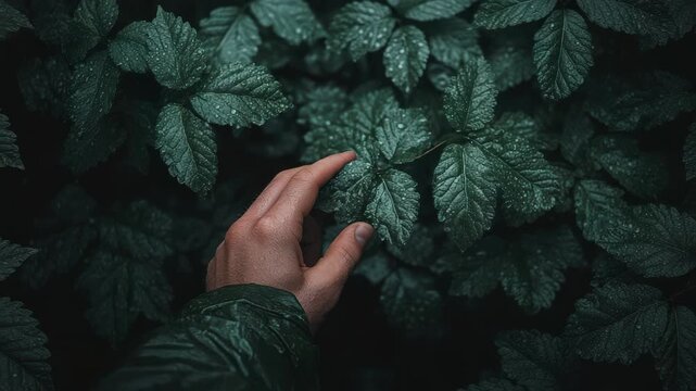 Hand touching a wet leaf in dark forest