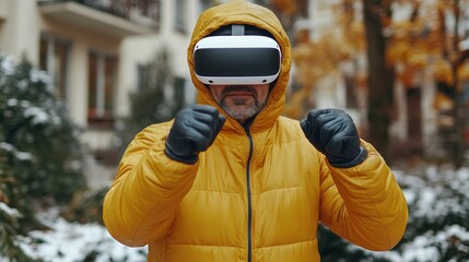 Adult caucasian male with vr headset outdoors in winter jacket engaged in virtual reality