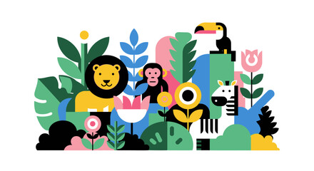 Obraz premium Colorful flat vector illustration of jungle animals in a vibrant forest.