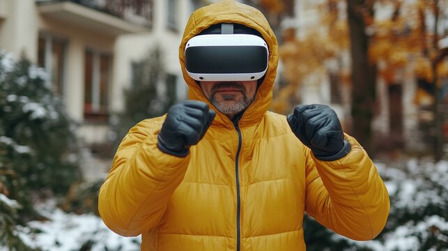 Adult caucasian male with vr headset outdoors in winter jacket engaged in virtual reality - Powered by Adobe