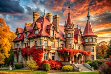 Photo of fairytale castle with red roofs and autumn foliage under a dramatic sunset sky