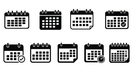 Collection of black and white calendar icons with varying designs