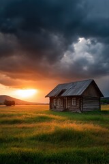 Fototapeta premium Serene sunset over rustic wooden cabin and lush green field