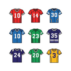 Colorful Sports Jersey Collection with Numbers and Striped Sleeves.