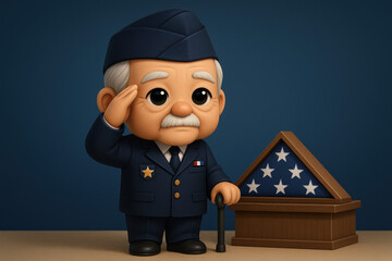 Veterans Day Tribute &ndash; Elderly Male Veteran Saluting Beside Folded American Flag Display