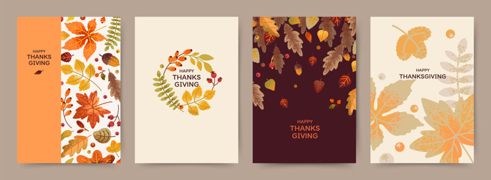 Thanksgiving card templates with beautiful autumn leaves and berries in warm tones.  Vector illustration for greeting card, invitation, poster, flyer, cover, banner, social media