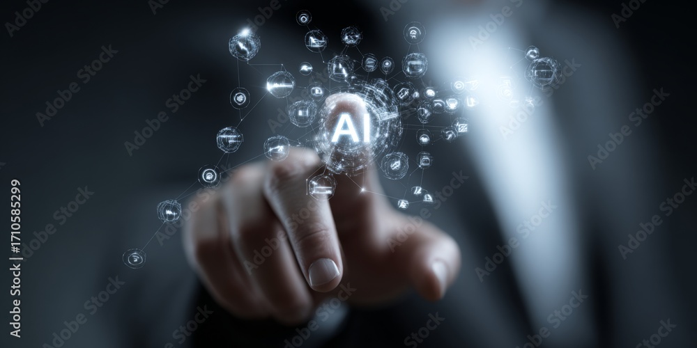 Poster futuristic hand holding ai icons with digital elements representing technology and innovation in ai 