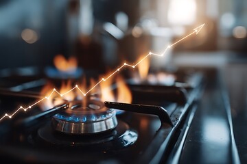 Obraz premium A gas stove burner is lit, with a rising financial graph overlaid. This image symbolizes increasing energy prices, inflation, and the rising cost of living for consumers.