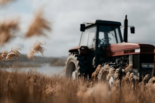 A large red tractor works in a field of tall, golden grasses. This image symbolizes modern farming, rural life, agriculture, and the autumn harvest season.