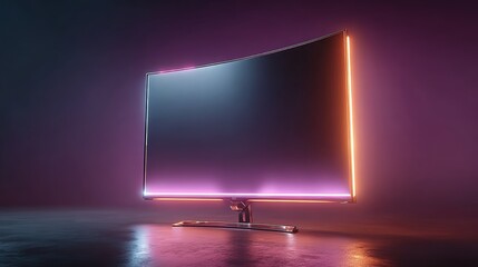Modern curved led television with neon glow in dark room setting