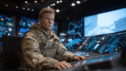 An American soldier in advanced camouflage operates a high-tech console with glowing digital displays and holographic maps in a dimly lit setting. - Powered by Adobe