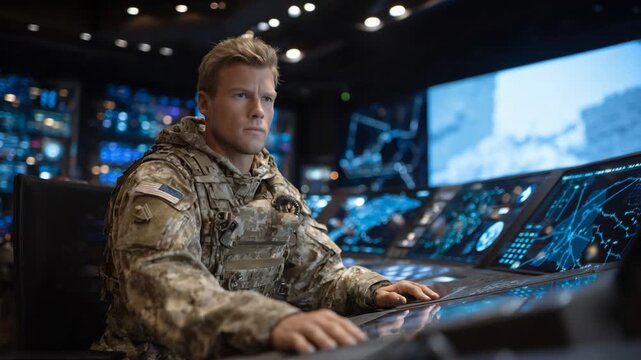 An American soldier in advanced camouflage operates a high-tech console with glowing digital displays and holographic maps in a dimly lit setting.