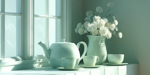 Serene domestic scene with tea set and flowers by the window.