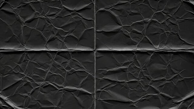 Dark crumpled paper featuring a highly textured surface with numerous irregular folds and prominent horizontal and vertical creases
