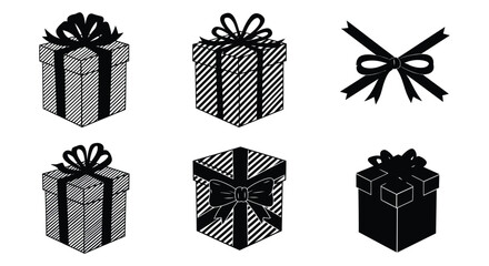 Black and white illustration of various gift boxes with ribbon designs