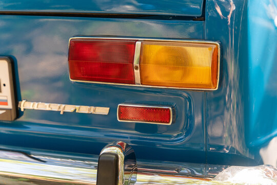 Russia, Sosnovy Bor, July 19, 2025 -VAZ 2101, Close-up of taillights on a blue vintage moskvich car