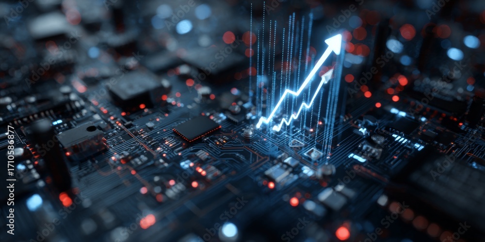 Poster digital market growth graph on circuit board with glowing elements for financial and technology conc