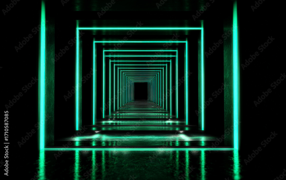 Poster green neon-lit tunnel with multiple rectangular frames creating a futuristic perspective