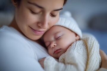 A close-up of a mother gently cradling her sleeping newborn, capturing a moment of pure tenderness, maternal love, and the quiet intimacy of early parenthood.