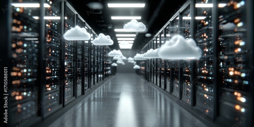 Poster futuristic data center with floating cloud storage illustrations in a digital environment